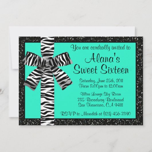 Türkisfarbener Glitzer mit Zebra Print Bow Einladung (Vorderseite)