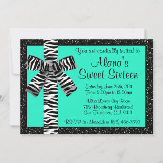 Türkisfarbener Glitzer mit Zebra Print Bow Einladung