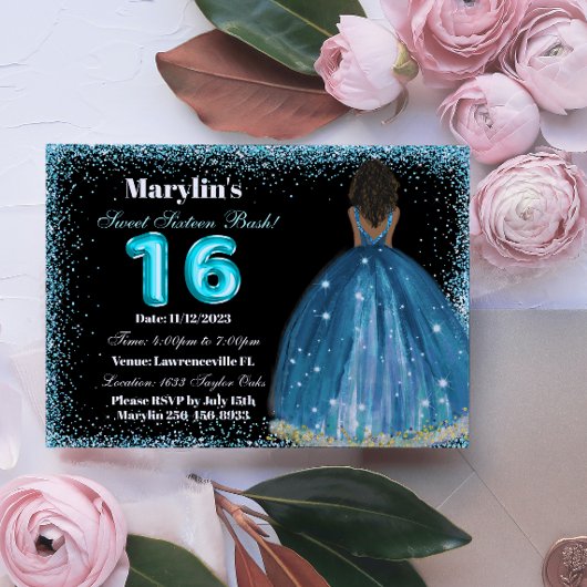 Türkisfarbener Glitzer Prinzessin Sweet 16 Foil Ba Einladung