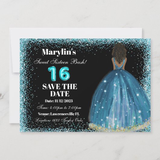 Türkisfarbener Glitzer Prinzessin Sweet 16 Foil Ba Save The Date (Vorderseite)