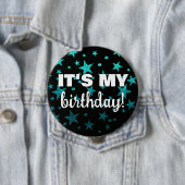 Türkisfarbener Glitzer Stars Confetti Mein Geburts Button (Beispiel)