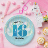 Türkisfarbener Glitzer Sweet 16 Birthday Balloon S Pappteller (Party)