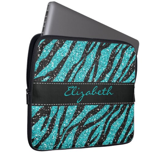 Türkisfarbener Glitzer Zebra Print Monogram Laptopschutzhülle (Vorne Rechts)