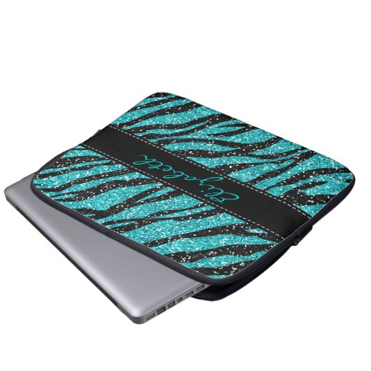 Türkisfarbener Glitzer Zebra Print Monogram Laptopschutzhülle (Vorne Knopf)