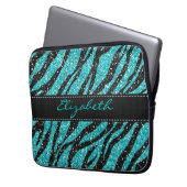 Türkisfarbener Glitzer Zebra Print Monogram Laptopschutzhülle (Vorderseite Links)
