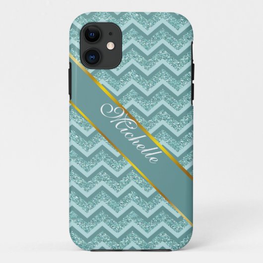 Türkisfarbener Glitzer ZigZag Muster Case-Mate iPhone Hülle (Rückseite)