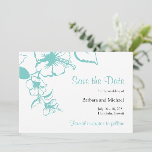 Türkisfarbener Hibiskus Blume Hochzeit in Urlaubso Save The Date (Stehend Vorderseite)