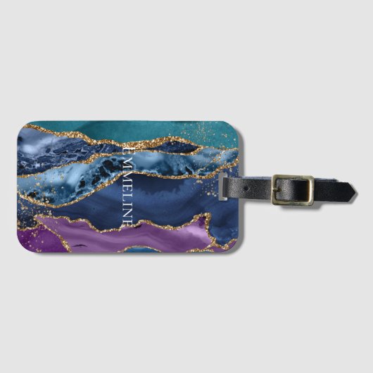 Türkisfarbener Lila Blue Gold Glitzer Marmor Gepäckanhänger (Vorderseite (Horizontal))