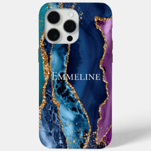 Türkisfarbener Lila Blue Gold Glitzer Marmor iPhone 15 Pro Max Hülle