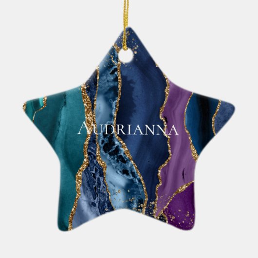 Türkisfarbener Lila Blue Gold Glitzer Marmor Keramik Ornament (Vorne)