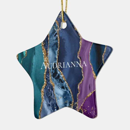 Türkisfarbener Lila Blue Gold Glitzer Marmor Keramik Ornament (Links)