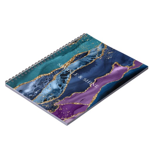 Türkisfarbener Lila Blue Gold Glitzer Marmor Notizblock (Linke Seite)