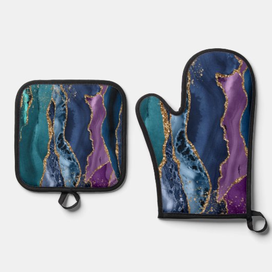 Türkisfarbener Lila Blue Gold Glitzer Marmor Ofenhandschuh & Topflappen-Set (Vorderseite)