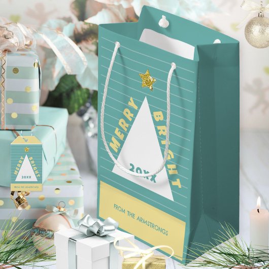 Türkisfarbener minimalistischer Christbaum-Name Kleine Geschenktüte