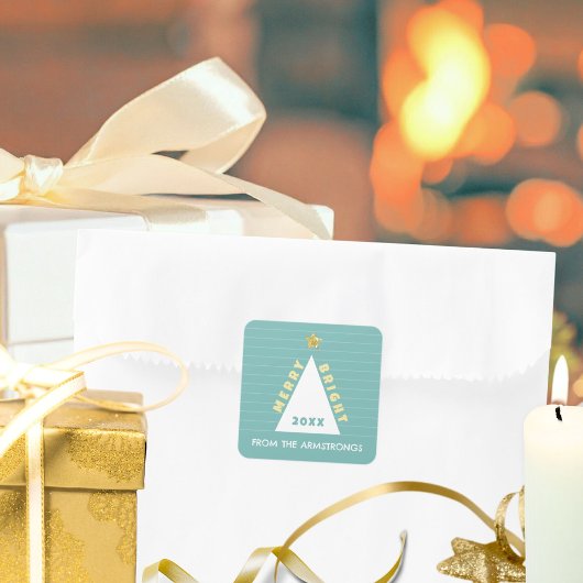 Türkisfarbener minimalistischer Christbaum Name Quadratischer Aufkleber