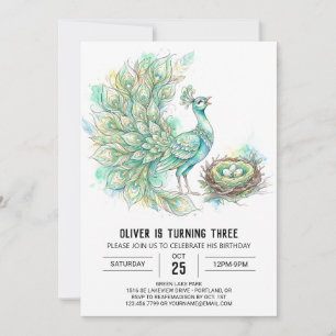 Türkisfarbener Pfau Aquarell Geburtstag Einladung