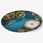 Türkisfarbener Steampun-Hintergrund mit Gänsen Pappteller (Schrägansicht)