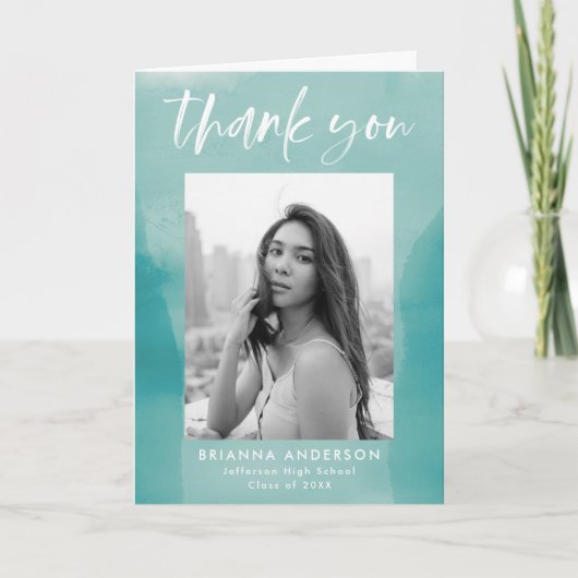 Türkisfarbener Wash Foto Abschluss Dankeskarte (Vorderseite)