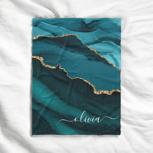 Türkisfarbenes Aqua Blau Grünes Achat Geode Gold M Fleecedecke