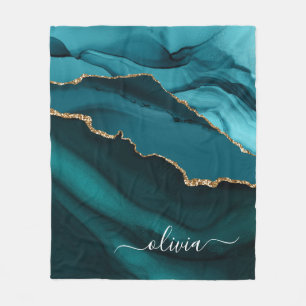 Türkisfarbenes Aqua Blau Grünes Achat Geode Gold M Fleecedecke