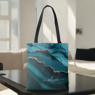 Türkisfarbenes Aqua Blau Grünes Achat Geode Gold M Tasche