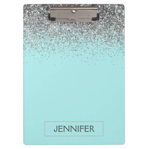 Türkisfarbenes Aqua Blau Silber Glitter Girly Mono Klemmbrett