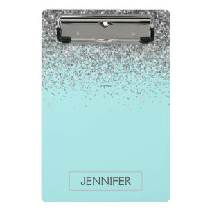 Türkisfarbenes Aqua-Blau silberner Glitter-Monogra Mini Klemmbrett