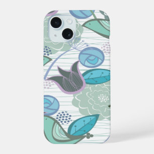 Türkisfarbenes Aqua-Blau Süße Vögel Florales Garte iPhone 15 Hülle