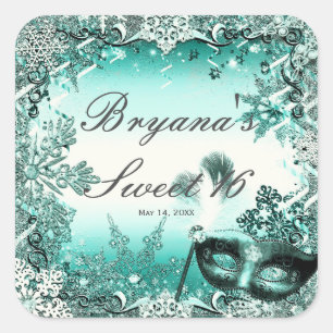 Türkisfarbenes Aqua Grün Winter Maskerade & Schnee Quadratischer Aufkleber
