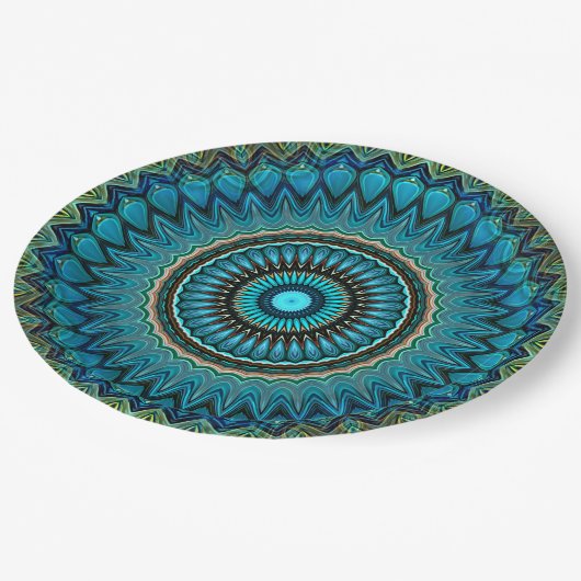 Türkisfarbenes Aquamarines Green Mandala Round-Sta Pappteller (Schrägansicht)