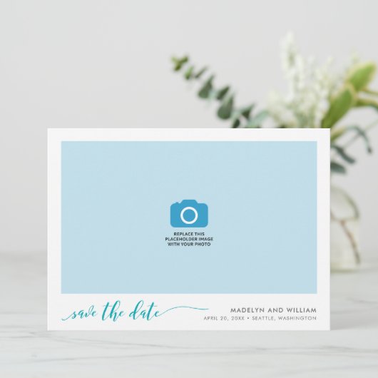 Türkisfarbenes Aquamarines Relax Script Save the D Save The Date (Stehend Vorderseite)