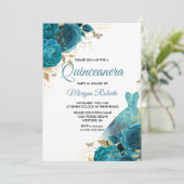 Türkisfarbenes Aquamarines Sparkleider Quinceanera Einladung (Stehend Vorderseite)