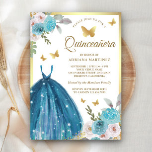 Türkisfarbenes Blumenkleid Schmetterling Gold Quin Einladung