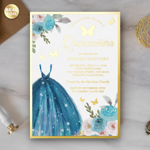 Türkisfarbenes Blumenkleid Schmetterling Quinceane Folieneinladung