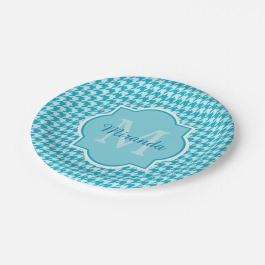 Türkisfarbenes Chic Monogram Hahnentrittmuster mit Pappteller (Schrägansicht)