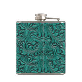 Türkisfarbenes Cowgirl mit Blumenmotiven aus Leder Flachmann (Rückseite)