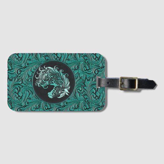 Türkisfarbenes Cowgirl mit Blumenmotiven aus Leder Gepäckanhänger (Vorderseite (Horizontal))