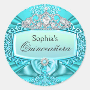 Türkisfarbenes Diadem & Damast Quinceanera Aufkleb Runder Aufkleber