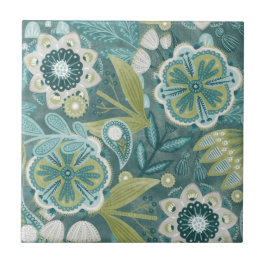 Türkisfarbenes florales Boho-Botanikmuster Fliese