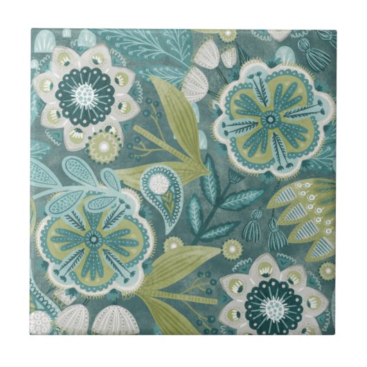 Türkisfarbenes florales Boho-Botanikmuster Fliese (Vorderseite)