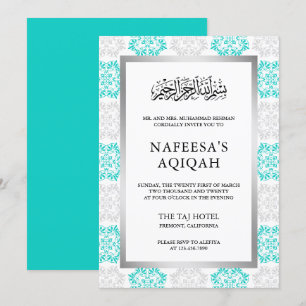 Türkisfarbenes florales Damast-Aqiqah-Zeremoniell Einladung