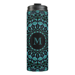 Türkisfarbenes florales Mandala-Monogramm Thermosbecher