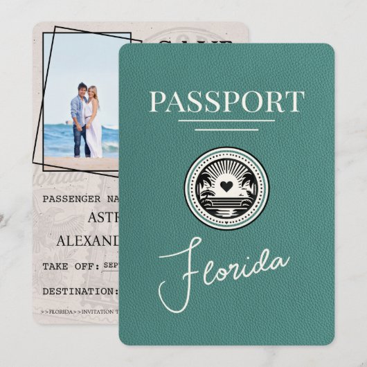 Türkisfarbenes Florida Reisepass Save The Date (Vorne/Hinten)