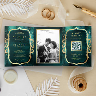 Türkisfarbenes Galaxy Gold Mandala QR Code Indisch Dreifach Gefaltete Einladung