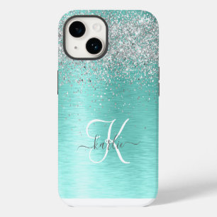 Türkisfarbenes gebürstetes Metall Silber Glitter M iPhone 14 Hülle