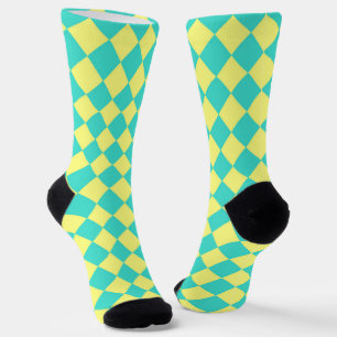 Türkisfarbenes Gelbes Schachbrett-Diamantmuster Socken
