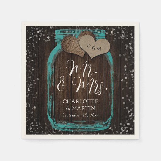 Türkisfarbenes Glas Mr. & Mrs. Hochzeit Serviette (Vorderseite)