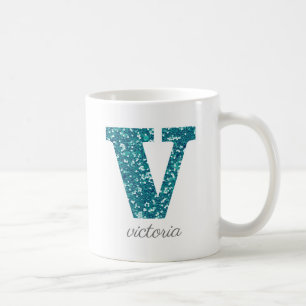 Türkisfarbenes Glitter-Monogramm V Personalisierte Kaffeetasse