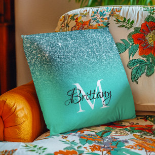 Türkisfarbenes Glitter Ombre Monogramm Kissen