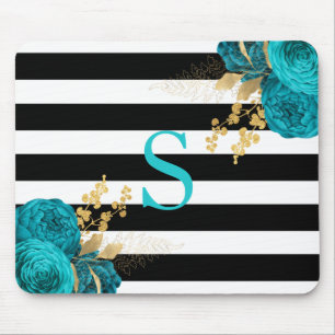 Türkisfarbenes Gold Blumenmonogramm Schwarz Weiße  Mousepad